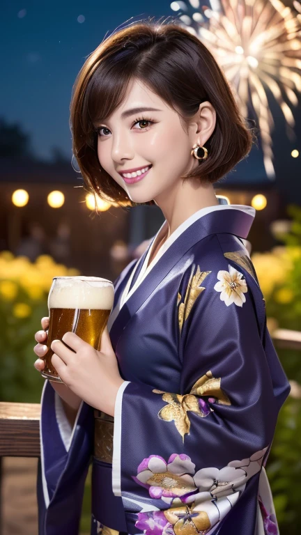 High resolution, (((Highest quality, Highest quality, 8k, masterpiece: 1.3)), Perfect Style, Highly detailed face and skin texture, Detailed eyes, double eyelid, Pale Cheeks, Glowing Skin, Fair skin: 1.2, Shiny little collar and earrings, Glossy Lips: 1.4, (Cowboy Shot), ( Pure girl: 1.2), (Kimono with purple floral pattern、Gorgeous kimono), ( Dark brown hair),Short Hair, (A very seductive smile: 1.2), (Cheering beer),holding a beer mug, Clean background、((Fireworks bursting into the sky))、night、garden,Full body shot,
