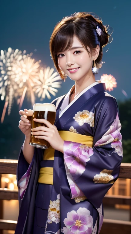 firework Display,8K,Professional Lighting ,Near and far in the air ,Ultra-high resolution ,(Like the picture: 1.1) ,Detailed face ,pretty girl ,Patterned yukata ,Smiling, looking up at the sky、profile、,firework ,Pause ,(Breast bulge: 1.1) ,Soft Light ,Big River ,ponytail ,Wide-angle camera、With a beer in hand、cheers