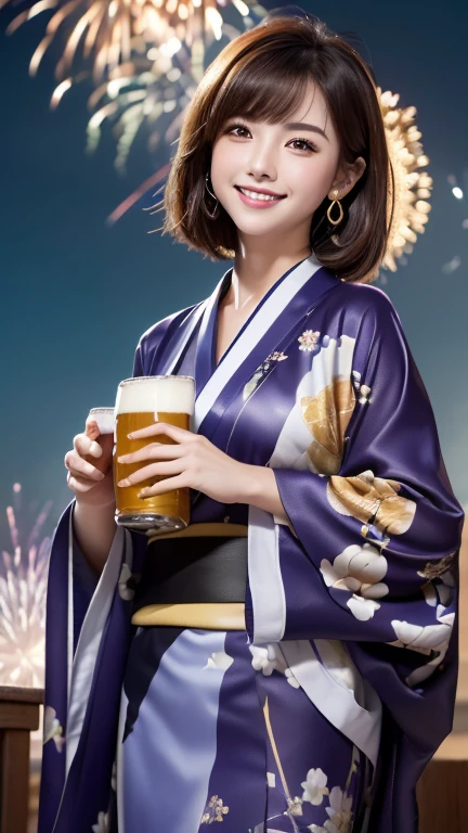 High resolution, (((Highest quality, Highest quality, 8k, masterpiece: 1.3)), Perfect Style, Highly detailed face and skin texture, Detailed eyes, double eyelid, Pale Cheeks, Glowing Skin, Fair skin: 1.2, Shiny little collar and earrings, Glossy Lips: 1.4, (Cowboy Shot), ( Pure girl: 1.2), (Kimono with purple floral pattern、Gorgeous kimono), ( Dark brown hair),Short Hair, (A very seductive smile: 1.2), (Cheering beer),holding a beer mug, Clean background、((Fireworks bursting into the sky))、night、garden,Full body shot,