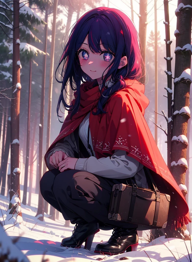 aihoshino, Ai Hoshino, Long Hair, bangs, (Purple eyes:1.1), Purple Hair, (Symbol-shaped pupil:1.5), smile,,smile,blush,white breath,
Open your mouth,snow,Ground bonfire, Outdoor, boots, snowing, From the side, wood, suitcase, Cape, Blurred, , forest, White handbag, nature,  Squat, Mouth closed, Cape, winter, Written boundary depth, Black shoes, red Cape break looking at viewer, Upper Body, whole body, break Outdoor, forest, nature, break (masterpiece:1.2), Highest quality, High resolution, unity 8k wallpaper, (shape:0.8), (Beautiful and beautiful eyes:1.6), Highly detailed face, Perfect lighting, Extremely detailed CG, (Perfect hands, Perfect Anatomy),