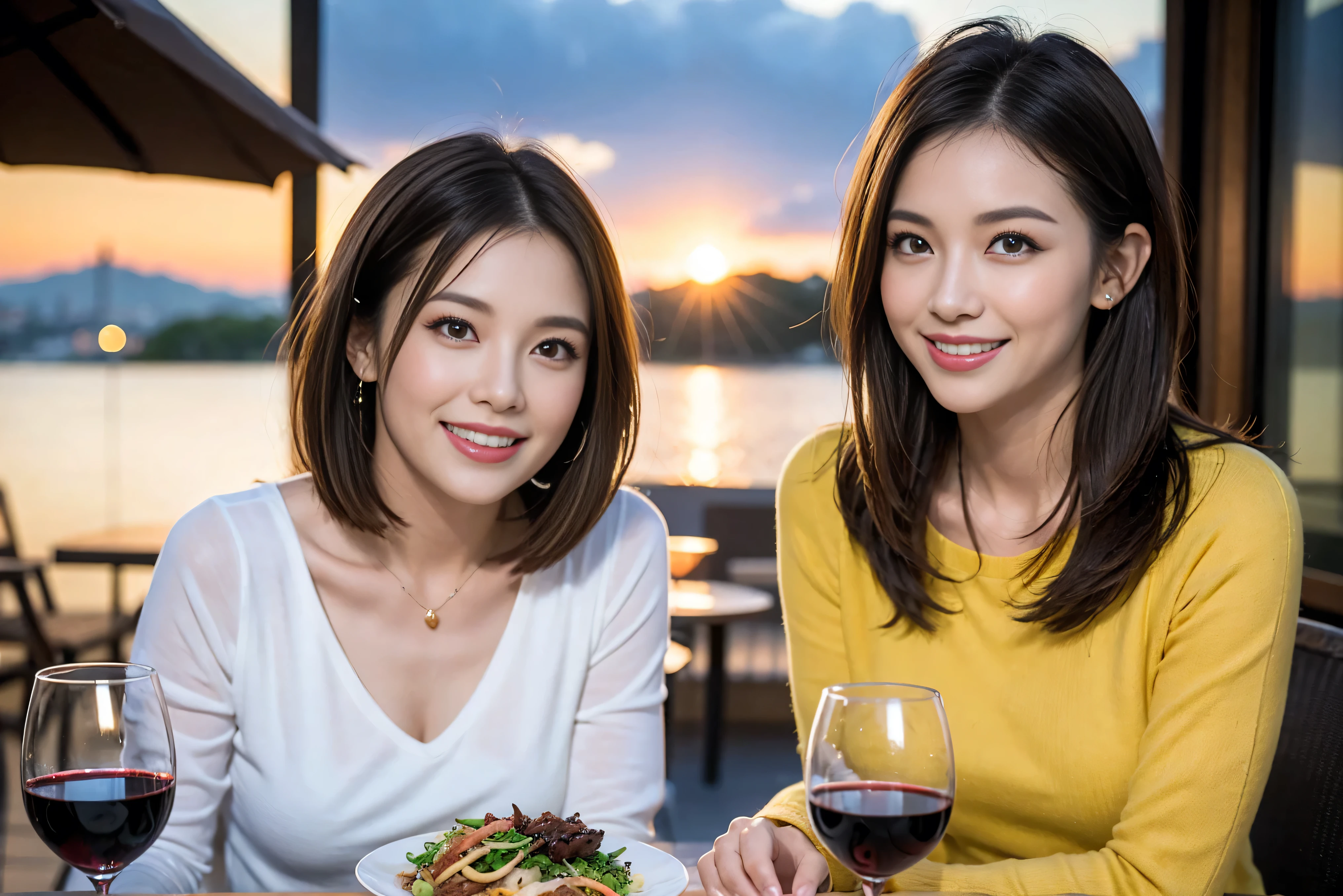 （Realistic:1.1）,(masterpiece,Highest quality)，8k,(49 years old), 53 years old, ベリーslimボディ、slimカップル、Tight waist,Upper Body,full-course dinner、wine 、Amazing view of the sunset sky and clouds、Perfect Anatomy, Brown Hair, short hair,Random Hairstyles,((Highly detailed face and eyes:1.2))，Perfect golden ratio face，Long sleeve shirt、dress,(smile:1.2)、Shortcuts、cute、(Realistic, Intricate details:1.2), A bright smile、short hair,Bright Face、赤wine 、Appetizers、Italian food、wine bottle、Champagne、スパークリングwine、(slimな顔), (The body is slim), (Brown Hair), (Shortcuts),  Upper Body, 白wine, slim, wineグラス, 