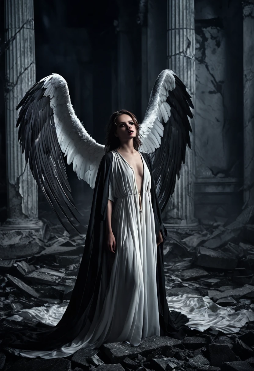 (Highest quality,4K,8k,High resolution,masterpiece:1.2),Very detailed,Realistic,An angel with black wings and a tattered white robe,Beautiful attention to detail,Beautiful lip detail,Fallen,Black and white color scheme,Eerily dark environments,In the Shadows,A faint flicker of a halo,Broken Halo,Feather floating in the air,The presence of demons,Ominous Aura,A sinister smile on his face,Destroyed Heaven Background,Storm clouds and lightning,Collapsed columns and marble ruins,Dramatic lighting,Light and shadow contrast,Cracks in the Earth,Creeping darkness,Ethereal Mist,Ominous glowing eyes,Corrupted Halo,Abandoned Angel Wings,Disheveled Hair,Blood-red tears,Forbidden Power,Swallow the Darkness,The sound of a scream that stays in your mind,Manifestation of evil,Tormented Soul,Fallen angel reaching out,Despair and sadness,Lost and corrupted beauty,Mysterious and malicious.