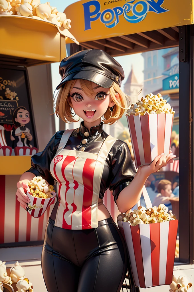 A funny caricature of a cute capybara (wearing a popcorn vendor outfit:1.5) (in a cartoon style:1.4) [(influence of Charles Addams)] (standing in an amusement park:1.3) (with exaggerated features and humorous expressions) (background with colorful rides and stalls) (detailed outfit with a popcorn cart) (best quality, high quality, Photoshop details, perfect anatomy, perfect hands, perfect eyes, perfect clothes, perfectly textured)
