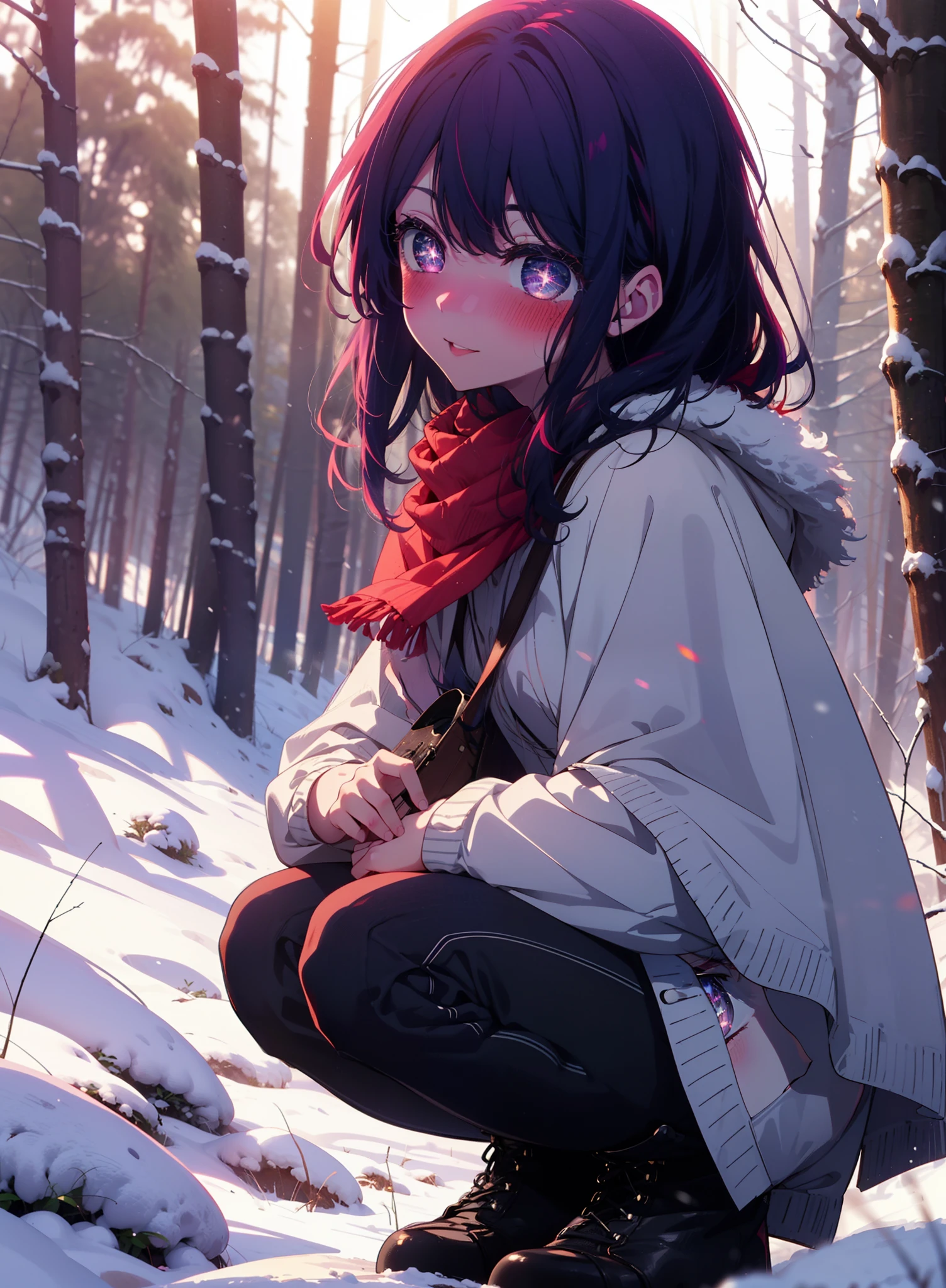 aihoshino, Ai Hoshino, Long Hair, bangs, (Purple eyes:1.1), Purple Hair, (Symbol-shaped pupil:1.5), smile,,smile,blush,white breath,
Open your mouth,snow,Ground bonfire, Outdoor, boots, snowing, From the side, wood, suitcase, Cape, Blurred, , forest, White handbag, nature, Squat, Mouth closed, Cape, winter, Written boundary depth, Black shoes, red Cape break looking at viewer, Upper Body, whole body, break Outdoor, forest, nature, break (masterpiece:1.2), Highest quality, High resolution, unity 8k wallpaper, (shape:0.8), (Beautiful and beautiful eyes:1.6), Highly detailed face, Perfect lighting, Extremely detailed CG, (Perfect hands, Perfect ???????),