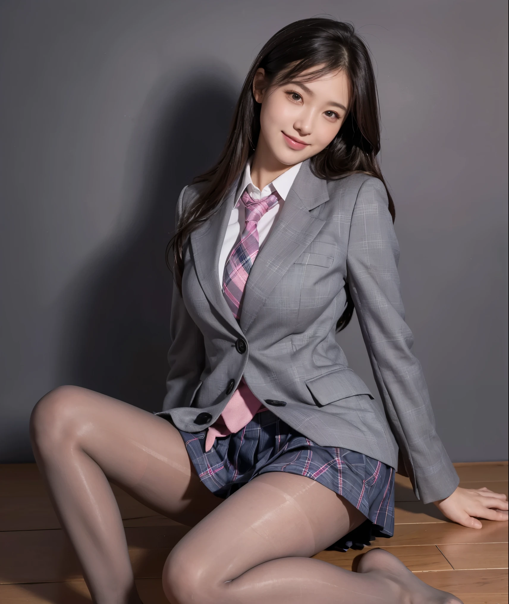 (8k), (Highest quality: 1.2), (Realistic), (Realistic: 1.37), Ultra-high resolution, (1 girl), cute, smile, Mouth closed, Beautiful details, Beautiful Nose, Wet Hair, Two giant cells, pork, Thighs,Self Snap,university student ,A simple navy blue blazer,Pleated skirt,(The skirt and tie are gray tartan check pattern......:1.3),(Sheet:1), Sit on the floor,(Hug my feet:1),(Pink Pantyhose:1.3),in front,knees,