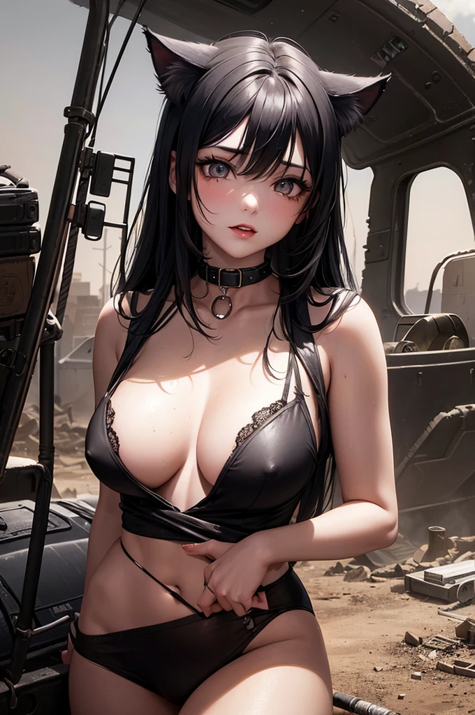 (Extremely detailed,best quality,high resolution:1.2),(Practical:1.37),Detailed facial details,,1 girl,Red lips,Cat ear,Black long hair,Succubus in a torn black and white striped bikini,Large Breasts,Collar,Radiant Skin,Post-apocalyptic,desert wasteland,Desolate landscape,the ruined city,vehicle,sandstorm,blazing sunshine,dusty atmosphere,War-torn,Ragged clothes,desolate,dirt, dusty, it's foggy,