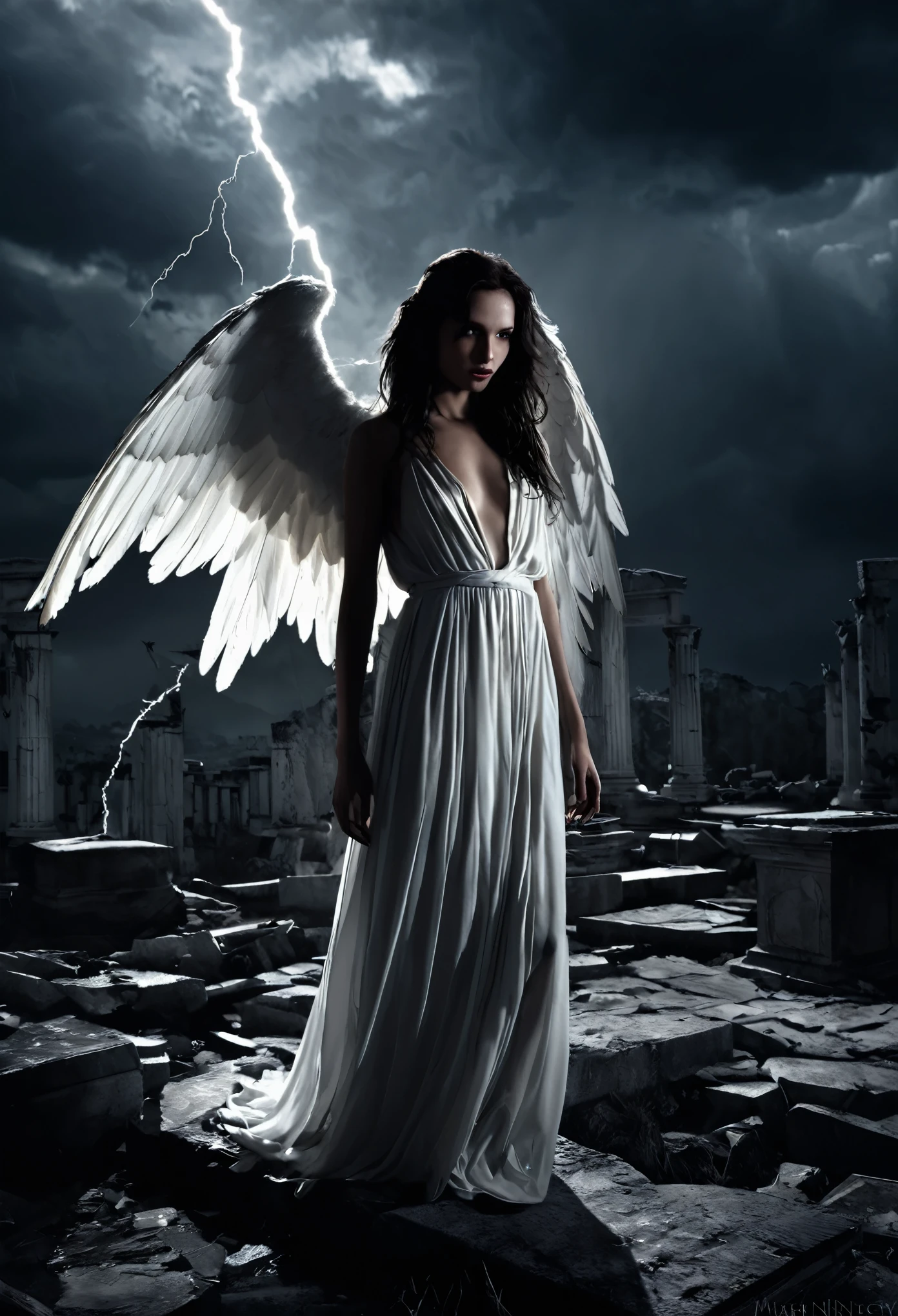 (Highest quality,4K,8k,High resolution,masterpiece:1.2),Very detailed,Realistic,An angel with black wings and a tattered white robe,Beautiful attention to detail,Beautiful lip detail,Fallen,Black and white color scheme,Eerily dark environments,In the Shadows,A faint flicker of a halo,Broken Halo,Feather floating in the air,The presence of demons,Ominous Aura,A sinister smile on his face,Destroyed Heaven Background,Storm clouds and lightning,Collapsed columns and marble ruins,Dramatic lighting,Light and shadow contrast,Cracks in the Earth,Creeping darkness,Ethereal Mist,Ominous glowing eyes,Corrupted Halo,Abandoned Angel Wings,Disheveled Hair,Blood-red tears,Forbidden Power,Swallow the Darkness,The sound of a scream that stays in your mind,Manifestation of evil,Tormented Soul,Fallen angel reaching out,Despair and sadness,Lost and corrupted beauty,Mysterious and malicious.