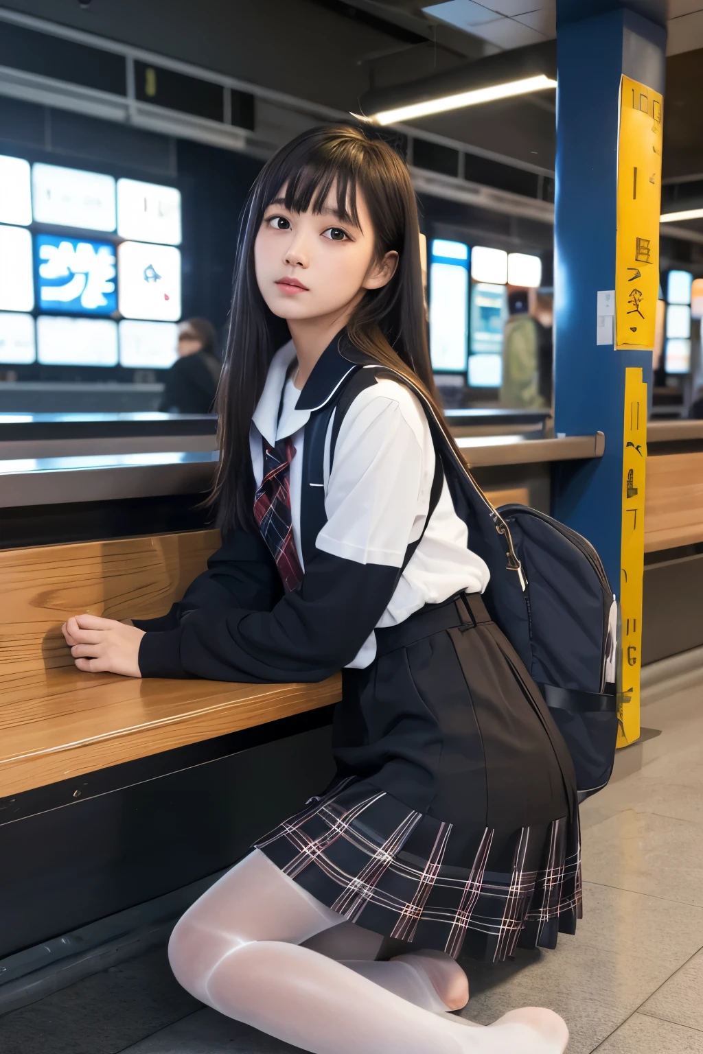 (CRU photo:1.4), (photoRealistic:1.3),(Artwork), Highest quality, Highest quality, Very detailed CG unity 8k wallpaper, Detailed and complex, original,High resolution,
\\
1 girl,Independent,(),Very detailed_eyeball, foot nail,Medium chest,(eyeliner:0.5),(blush:0.5),Bblack hair,Long Hair,Hair Clip, Staring at the audience,Browsing Caution,
\\
high school,,, Sailor collar,超リアルなpantyhose,school bag,Overskirt, Plaid, Plaid Overskirt,Raise your knees,Sitting,
\\
street, Subway station, Store Boundary, akihabara \(Tokyo\), Shibuya Ward \(Tokyo\), Shinjuku \(Tokyo\),
\\
Beautifully detailed backgrounds,Depth of written boundary,change:0.1,Realistic:1.3,(Zhou Haoguang:1),(Neon Light:0.1),(High resolution:1),(Studio Lighting:1.5),(pantyhose:1.2),Because low,whole body, Show your ass