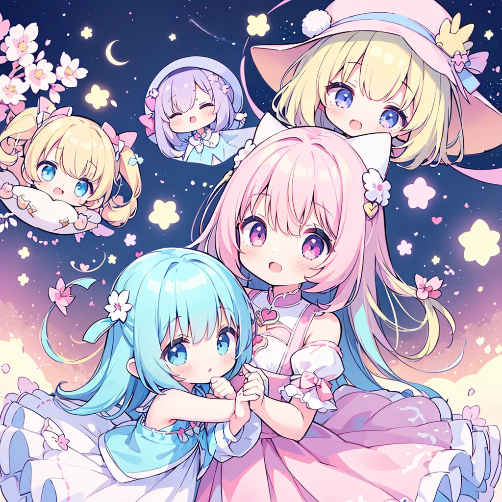 masterpiece, (2girls and 2girls and 2girls and 2girls), idol, closeup, big eyes, kawaiitech, kawaii, cute, pastel colors, best quality, happy, deep background, symmetrical, tilted head, spring, cover, title、cupidtech
