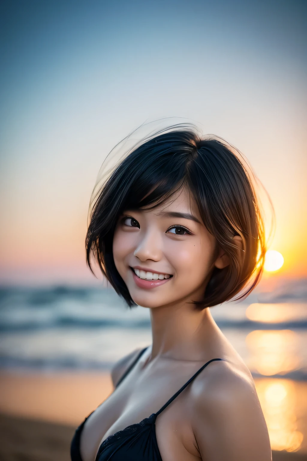 (Hyper Reality: 1.35), (Realistic: 1.4), A beautiful Japanese woman, smile, alone. masterpiece, 最high quality, high quality, alone, Very good, Latin, puberty, Only one girl, Well-trained, muscular, (((Slender figure)), ((slim body)),  ((最high quality)),((Hello)),((Very delicate and beautiful)),((Very shallow depth of field)), Hmph,((Incredibly shallow depth of field)). family friendly)), (((Very delicate and beautiful)), (((Very shallow depth of field))), Hmph, (((Unbelievably absurd))), (((Black Hair )), (((Shortcuts))), (((Bob Hair))), ((( Camera Eye)))), (((small ))), (((smile))), poor, my + background, Dynamic Angle, Focus on women, {Particles of light}, Detailed background, Soft lighting, (dramatic) sunset), sunset, very beautiful sunset, Live Action, Realistic, (blurred background), ((13 years old)),, (((wind:1.5))), ((Movement)), ((emotion)), ((colorful)), ((Baby Face)), ((Beautiful Teeth)), Wither, sea background, No makeup, full body,  old school swimwear,