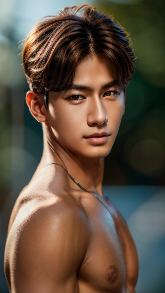young man topless,Straight face shape,k pop idol,look at viewer,outdoor,beautiful light,deep shadow,best quality,Masterpiece,very high,realistic, brown eye profile,perfect shape, Film texture:1.5, With a summer flower garden as the backdrop., sunlight,Masterpiece, best quality, photorealistic, realistic, hyperrealism, soft focus, shallow depth of field, dynamic light, 75mm, color techniques, Panavision, great details, 8k, realism, realistic, important picture, Film color grading, depth of field,