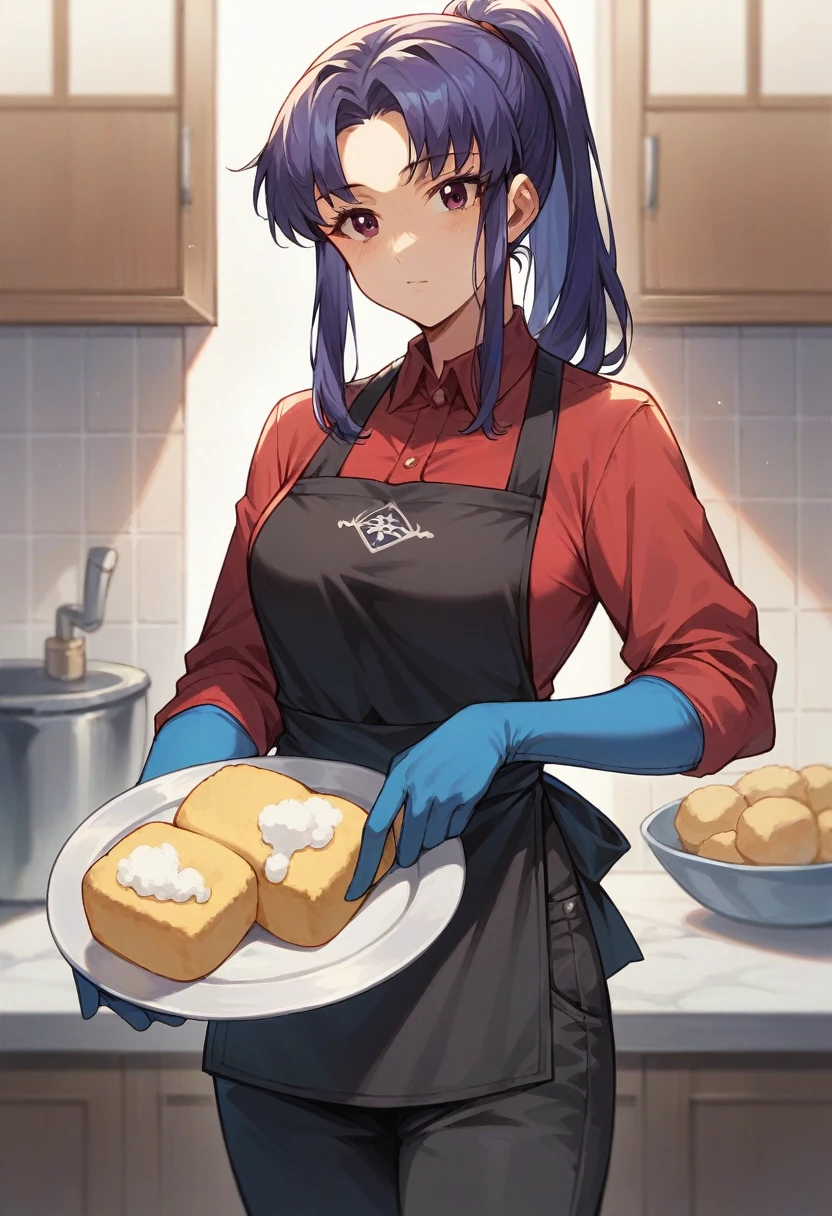 1girl, misato katsuragi, ponytail, ((blue half elbow gloves)), (red shirt), ((long sleeves)), (black apron), (pants), looking at viewer, clean a dishes with sponge, solo