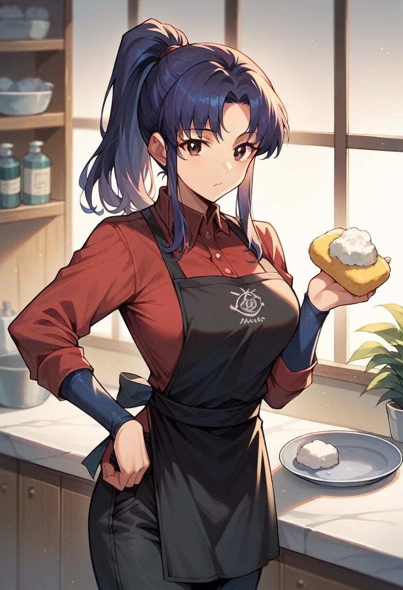 1girl, misato katsuragi, ponytail, ((blue half elbow gloves)), (red shirt), ((long sleeves)), (black apron), (pants), looking at viewer, clean a dishes with sponge, solo