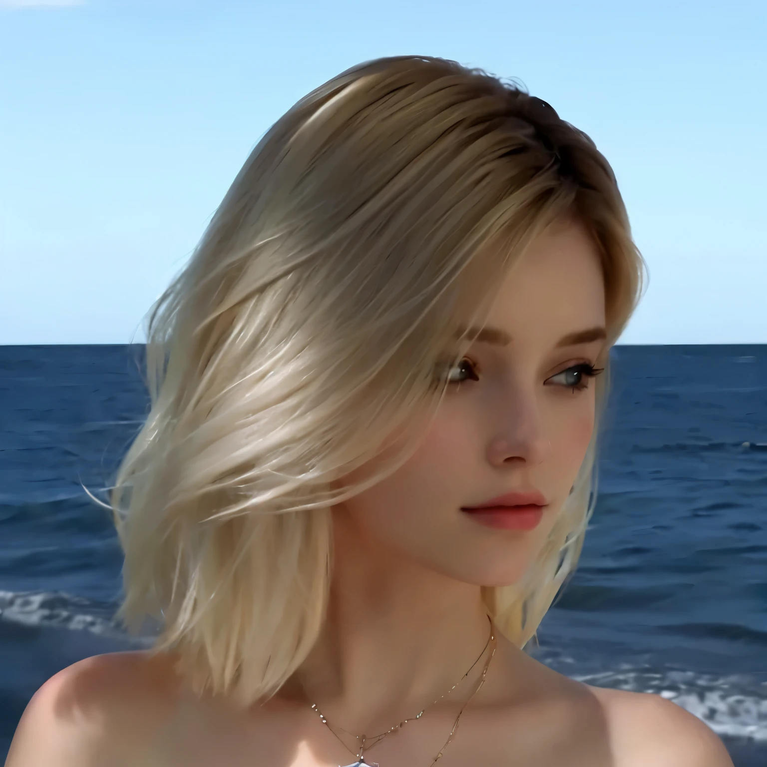blond haired woman with necklace, looking into the distance on a beach, two tone hair, pale white skin, wavy blonde hair, close up half body shot, loosely cropped, stylized portrait.