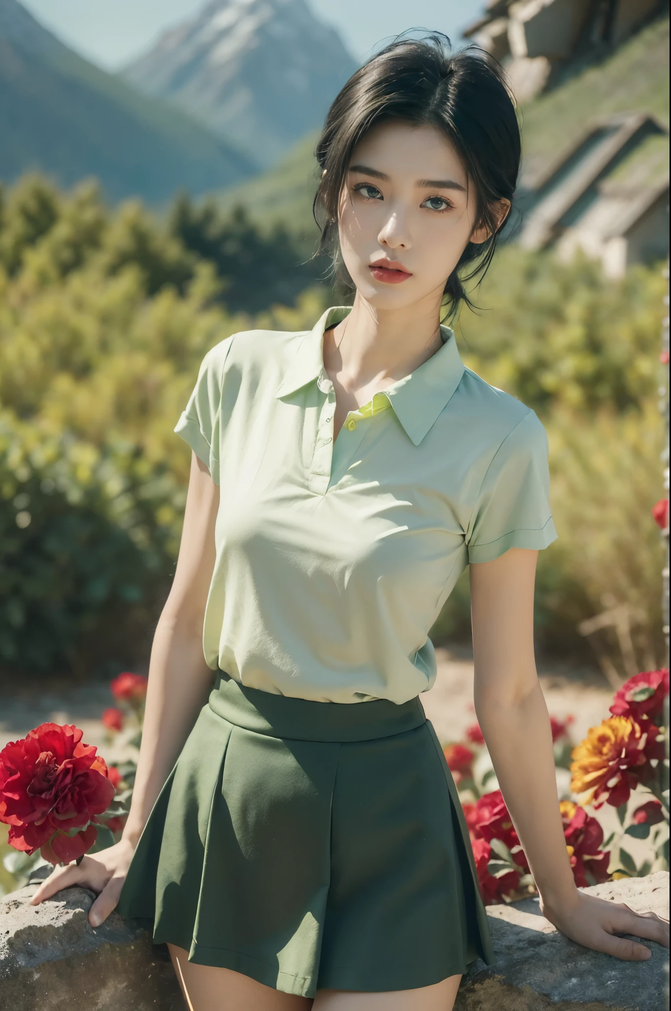 (((best quality))),(((ultra detailed))),(((masterpiece))),illustration,((1 beautiful girl,tomboy,solo)),(short black hair:1.3),((slim,thin)),((small breasts,thin)), vigorous, confident, (light green collared short-sleeved shirt:1.3), (dark green skirt:1.2),(slender legs:1.2),(standing:1.3),simplicity, robustness, strong features, (Abandoned Gobi Scene:1.3),(Rock surface:1.2),glowing eyes, rebellious, sensible, (mountainous landscape:1.3), (beside a vibrant red flower:1.3),elegance, unyielding spirit, youthful beauty, strength, resilience, adversity, challenges,((from front,upper body))
