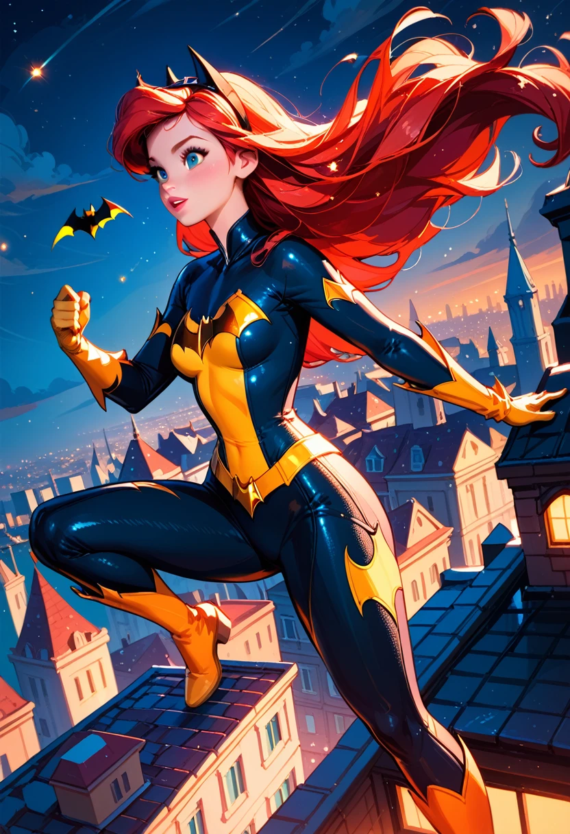 score_9, score_8_up, score_7_up, score_6_up, 1girl, solo, (Disney's Princess Ariel:1.3), wearing (Batgirl suit:1.2), (three quartershot:1.1), city rooftop, action poses, dynamic poses, night, cinematic lighting.