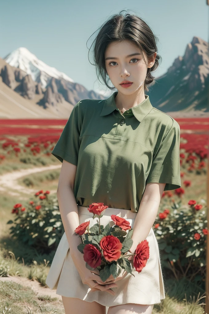 (((best quality))),(((ultra detailed))),(((masterpiece))),illustration,((1 beautiful girl,tomboy,solo)),(short black hair:1.3),((slim,thin)),((small breasts,thin)), vigorous, confident, (light green collared short-sleeved shirt:1.3), (dark green skirt:1.2),(slender legs:1.2),(standing:1.3),simplicity, robustness, strong features, (Abandoned Gobi Scene:1.3),(Rock surface:1.2),glowing eyes, rebellious, sensible, (mountainous landscape:1.3), (beside a vibrant red flower:1.3),elegance, unyielding spirit, youthful beauty, strength, resilience, adversity, challenges,((from front,upper body))
