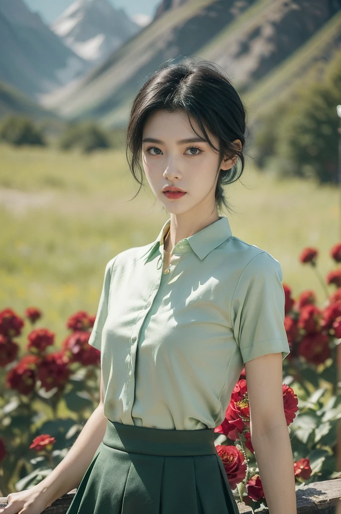 (((best quality))),(((ultra detailed))),(((masterpiece))),illustration,((1 beautiful girl,tomboy,solo)),(short black hair:1.3),((slim,thin)),((small breasts,thin)), vigorous, confident, (light green collared short-sleeved shirt:1.3), (dark green skirt:1.2),(slender legs:1.2),(standing:1.3),simplicity, robustness, strong features, (Abandoned Gobi Scene:1.3),(Rock surface:1.2),glowing eyes, rebellious, sensible, (mountainous landscape:1.3), (beside a vibrant red flower:1.3),elegance, unyielding spirit, youthful beauty, strength, resilience, adversity, challenges,((from front,upper body))
