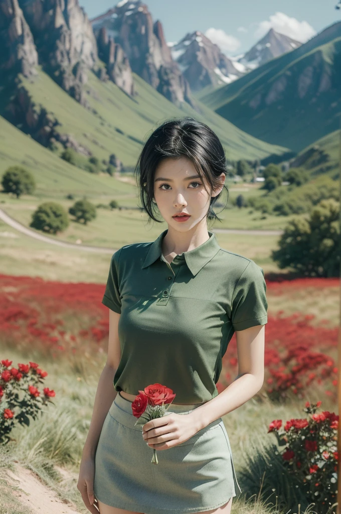 (((best quality))),(((ultra detailed))),(((masterpiece))),illustration,((1 beautiful girl,tomboy,solo)),(short black hair:1.3),((slim,thin)),((small breasts,thin)), vigorous, confident, (light green collared short-sleeved shirt:1.3), (dark green skirt:1.2),(slender legs:1.2),(standing:1.3),simplicity, robustness, strong features, (Abandoned Gobi Scene:1.3),(Rock surface:1.2),glowing eyes, rebellious, sensible, (mountainous landscape:1.3), (beside a vibrant red flower:1.3),elegance, unyielding spirit, youthful beauty, strength, resilience, adversity, challenges,((from front,upper body))
