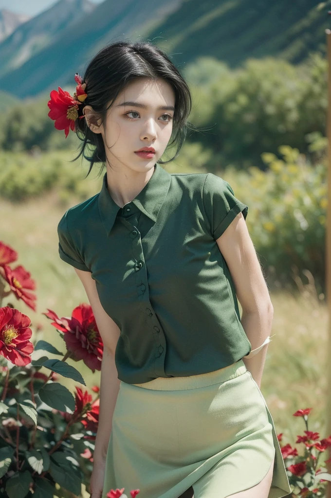 (((best quality))),(((ultra detailed))),(((masterpiece))),illustration,((1 beautiful girl,tomboy,solo)),(short black hair:1.3),((slim,thin)),((small breasts,thin)), vigorous, confident, (light green collared short-sleeved shirt:1.3), (dark green skirt:1.2),(slender legs:1.2),(standing:1.3),simplicity, robustness, strong features, (Abandoned Gobi Scene:1.3),(Rock surface:1.2),glowing eyes, rebellious, sensible, (mountainous landscape:1.3), (beside a vibrant red flower:1.3),elegance, unyielding spirit, youthful beauty, strength, resilience, adversity, challenges,((from front,upper body))
