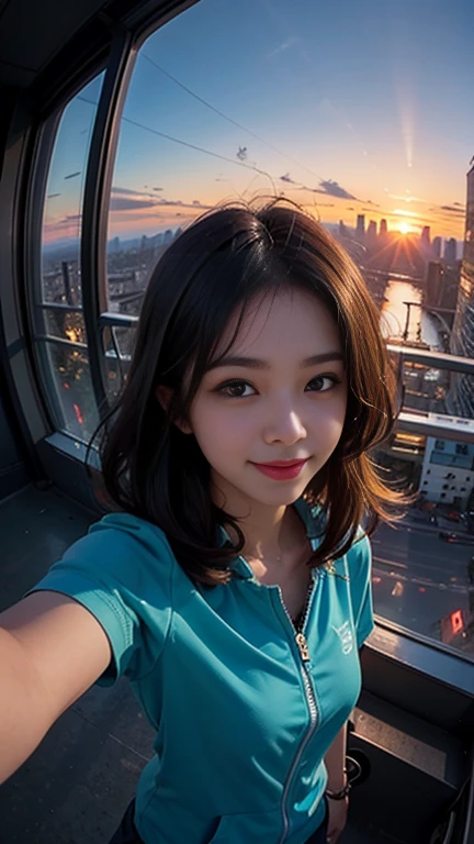 One girl, Korean, Fisheye Lens, Selfie, Wind, Messy Hair, sunset, Cityscape, (Aesthetics and atmosphere:1.2),smile