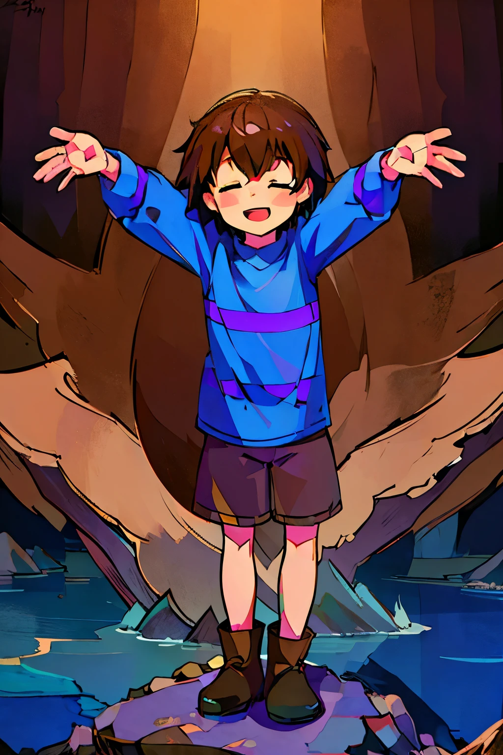 masterpiece,anatomically correct, high details, award winning,haigh detailed hands,(a boy),Undertale Frisk,blue and purple stripe shirt,(brown shorts),brown boots,closed eyes,fullbody,open mouth,standing on a rock,spread out arms highly,smile,(from front),black filled background, 8 aged,
