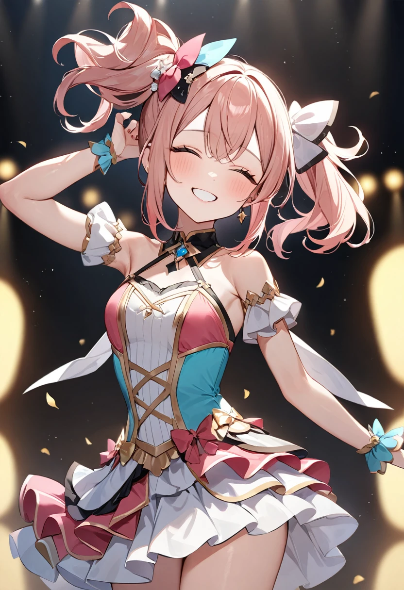 (masterpiece, top quality, very aesthetic, 4k、illustration), intricate detail, 1woman,、solo,contrapposto 、,(upper body)、(Scream),Cute、、Hold the microphone、crazy smile、shout、Random Hairstyle、Random Hair Color、,middle hair,sidelock ,Random Color eyes、idol clothes、small breasts、Slim 、Sweat