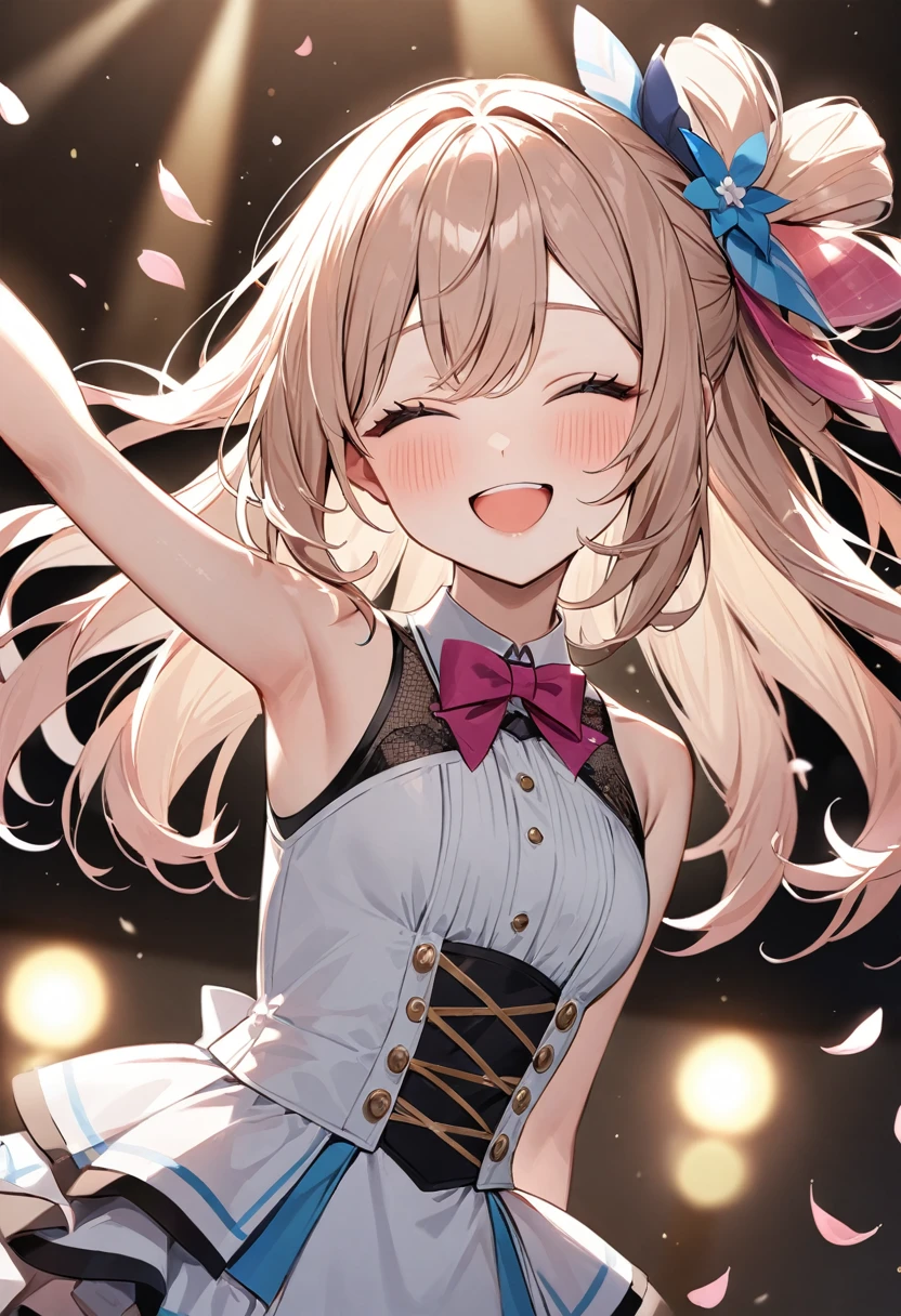 (masterpiece, top quality, very aesthetic, 4k、illustration), intricate detail, 1woman,、solo,contrapposto 、,(cowboy shot)、(),Cute、closed eyes、fan service、arms raised in the air、happy smile、Random Hairstyle、Random Hair Color、,middle hair,sidelock ,Random Color　eyes、idol clothes、small 、Slim 、
