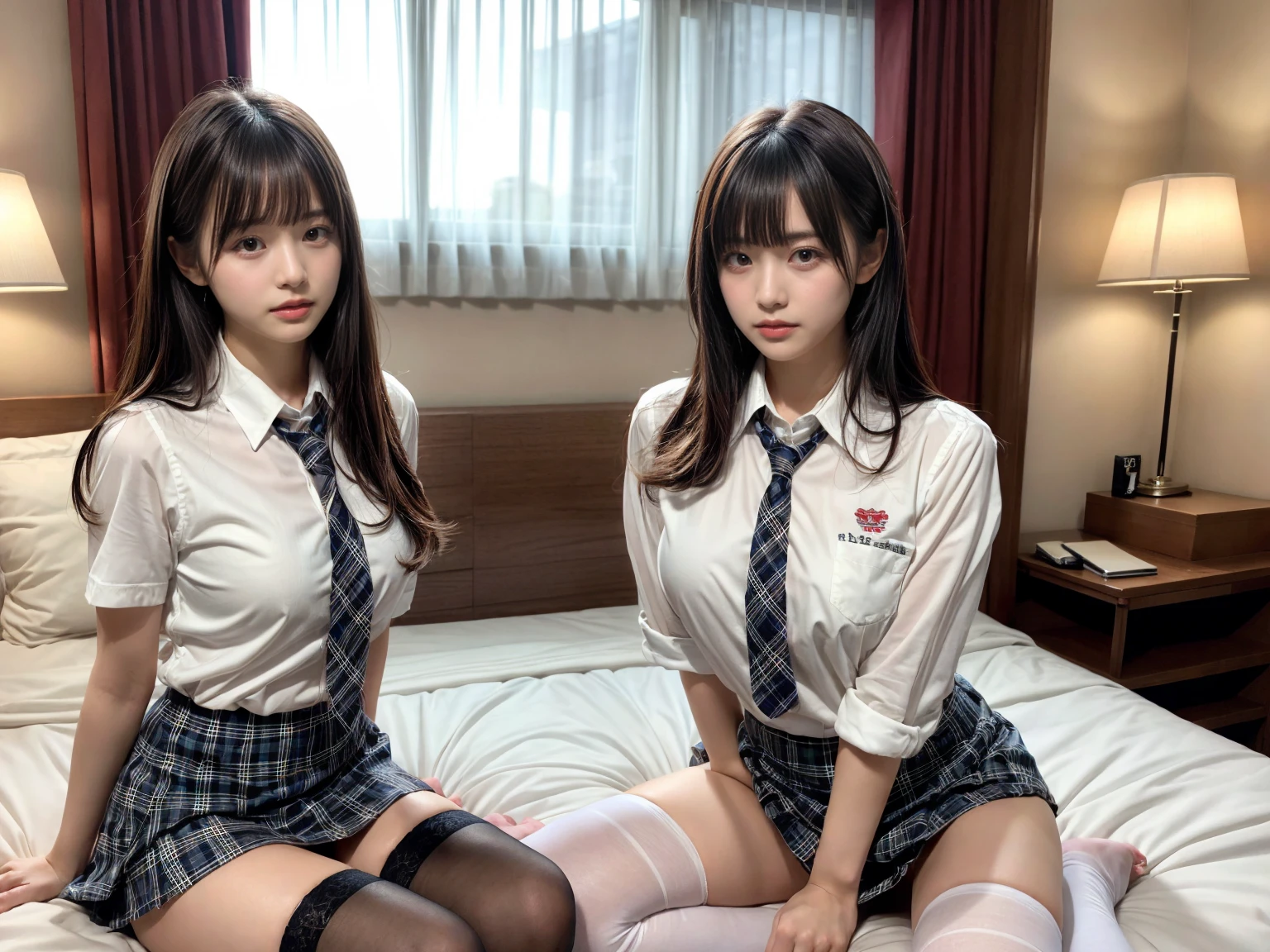 masterpiece, best quality, illustration, Super detailed, fine details, High resolution, 8K,wall paper, perfect dynamic composition,(Details High quality, realistic depiction of eyes:1.3), (2 girls), (white school shirt :1.2), (plaid skirt :1.3), tie black, black thigh-high stockings, sitting, open legs, short bob hair, in a hotel room in the background, deep on field, large breasts, black hair color, Big Natural Color Lip, (perfect body shape), crying a little、Harajuku style、20 year old girl、cute type、beautiful legs, Gravure Idol