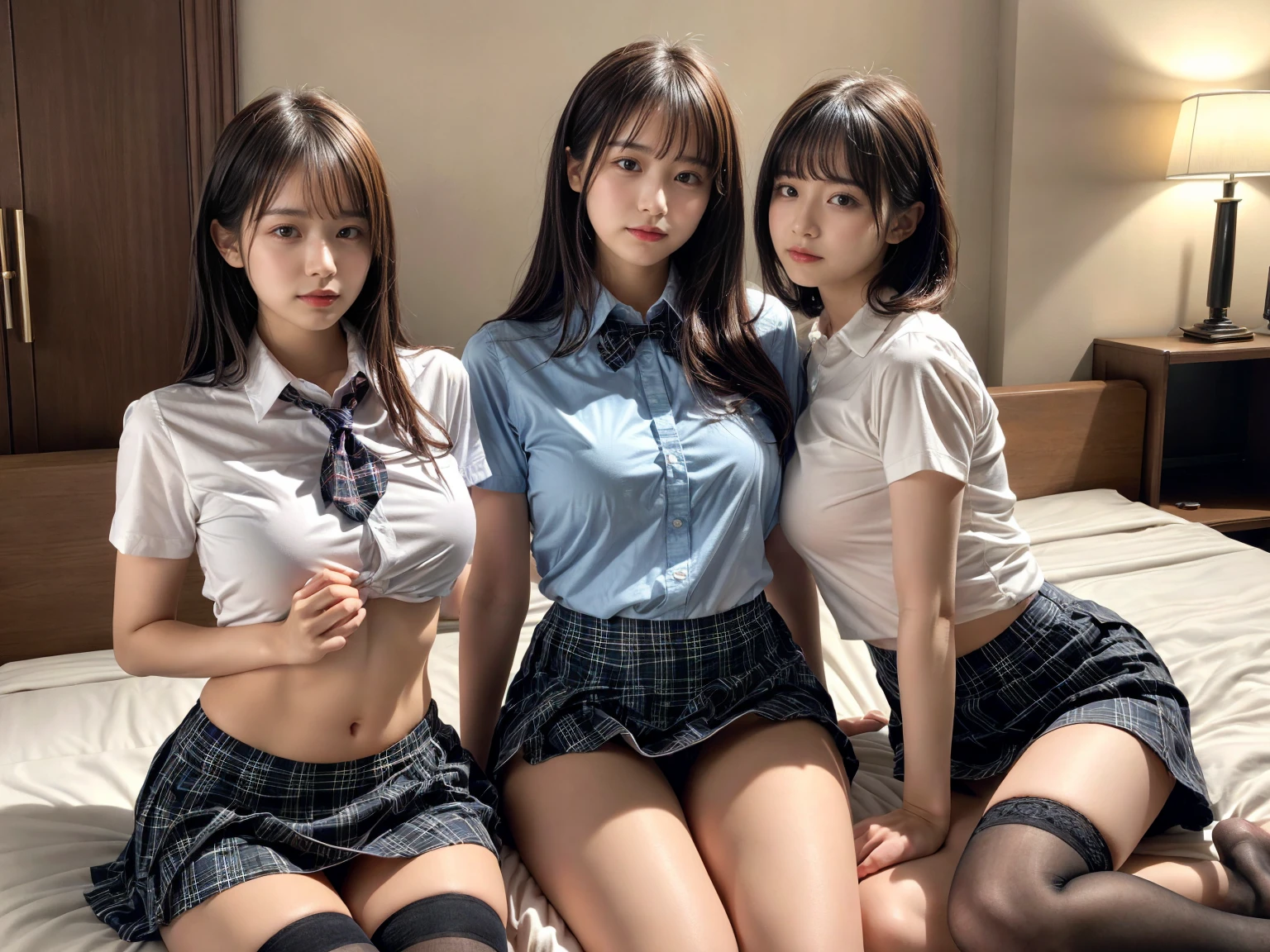 masterpiece, best quality, illustration, Super detailed, fine details, High resolution, 8K,wall paper, perfect dynamic composition,(Details High quality, realistic depiction of eyes:1.3), (2 girls), (white school shirt :1.2), (plaid skirt :1.3), tie black, black thigh-high stockings, sitting, open legs, short bob hair, in a hotel room in the background, deep on field, large breasts, black hair color, Big Natural Color Lip, (perfect body shape), crying a little、Harajuku style、20 year old girl、cute type、beautiful legs, Gravure Idol