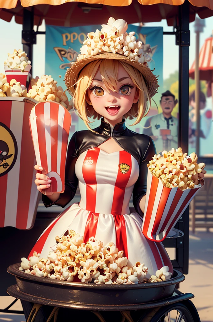 A funny caricature of a cute capybara (wearing a popcorn vendor outfit:1.5) (in a cartoon style:1.4) [(influence of Charles Addams)] (standing in an amusement park:1.3) (with exaggerated features and humorous expressions) (background with colorful rides and stalls) (detailed outfit with a popcorn cart) (best quality, high quality, Photoshop details, perfect ???????, perfect hands, perfect eyes, perfect clothes, perfectly textured)

