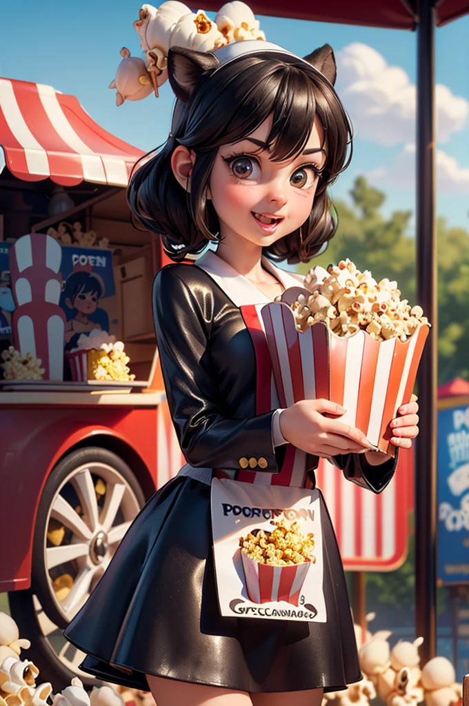 A funny caricature of a cute capybara (wearing a popcorn vendor outfit:1.5) (in a cartoon style:1.4) [(influence of Charles Addams)] (standing in an amusement park:1.3) (with exaggerated features and humorous expressions) (background with colorful rides and stalls) (detailed outfit with a popcorn cart) (best quality, high quality, Photoshop details, perfect anatomy, perfect hands, perfect eyes, perfect clothes, perfectly textured)
