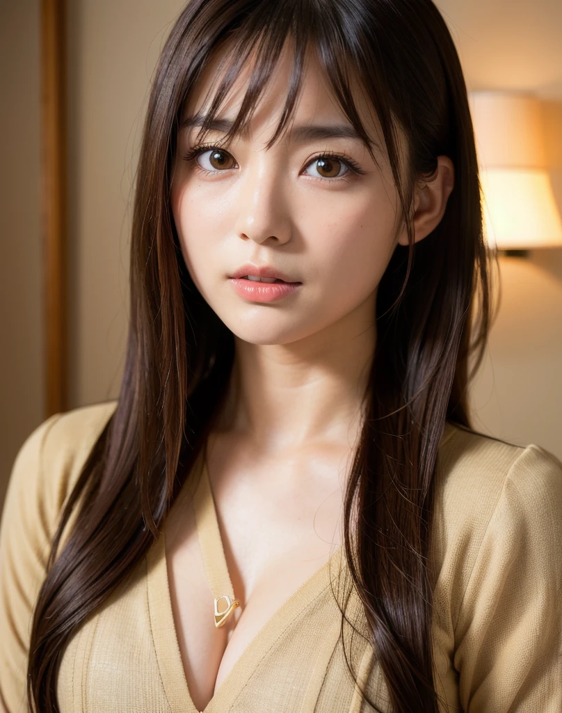 best quality, face focus, soft light, ultra high res, (photorealistic:1.4), RAW photo,
1japanese girl, solo, cute, (pupil, lights in the eyes),  detailed beautiful face, (small chest),(high resolution detail of human skin texture),
(long hair),
indoor,
Damask Shirt Dress,
(portrait)