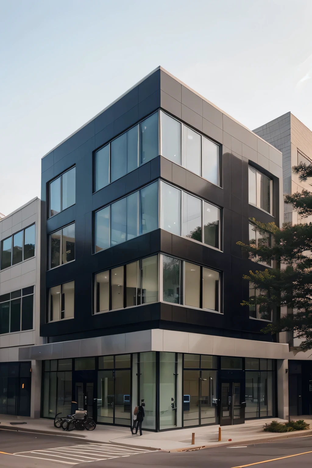 Company building exterior design. A sleek, modern façade featuring large glass windows that allow natural light to flood the interior. The building could incorporate a blend of high-quality materials such as polished stone or metal panels in muted tones like charcoal or deep navy.