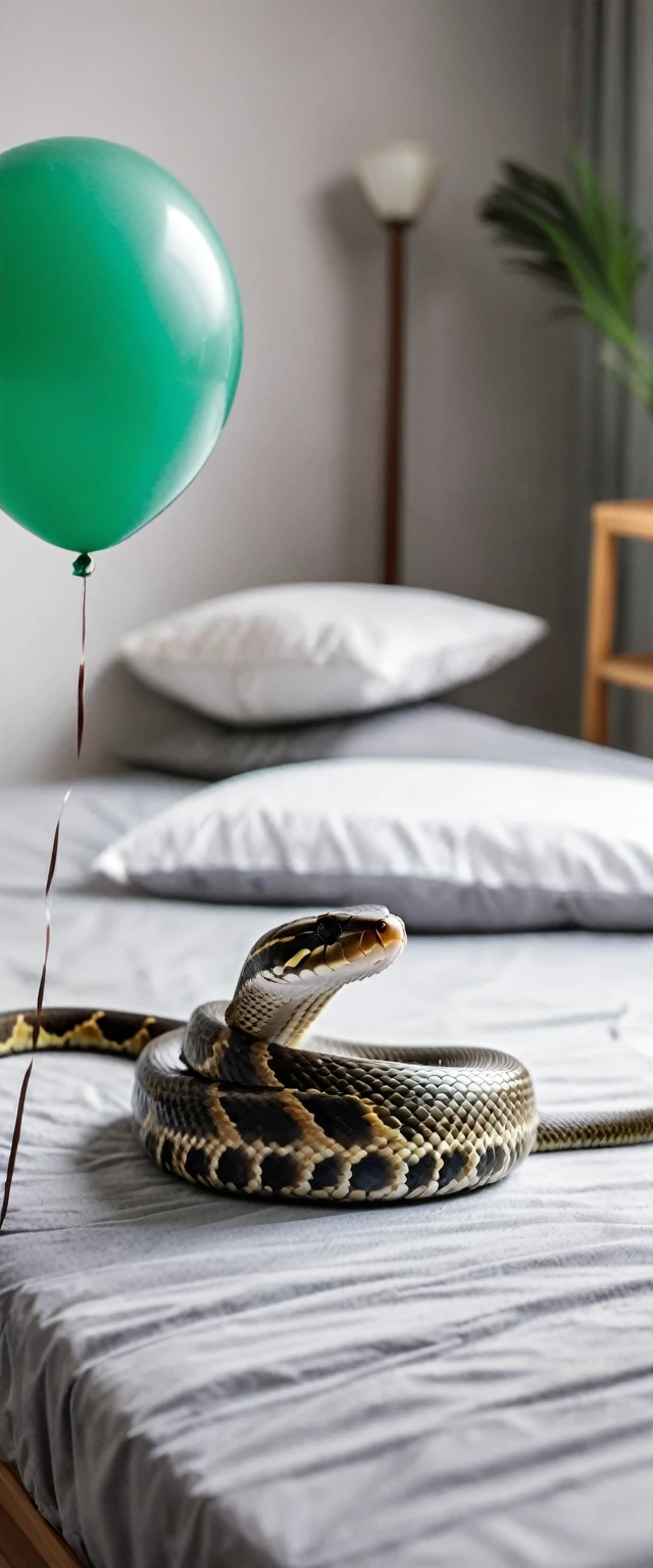 A venomous snake is biting a balloon on a bed,indoor,