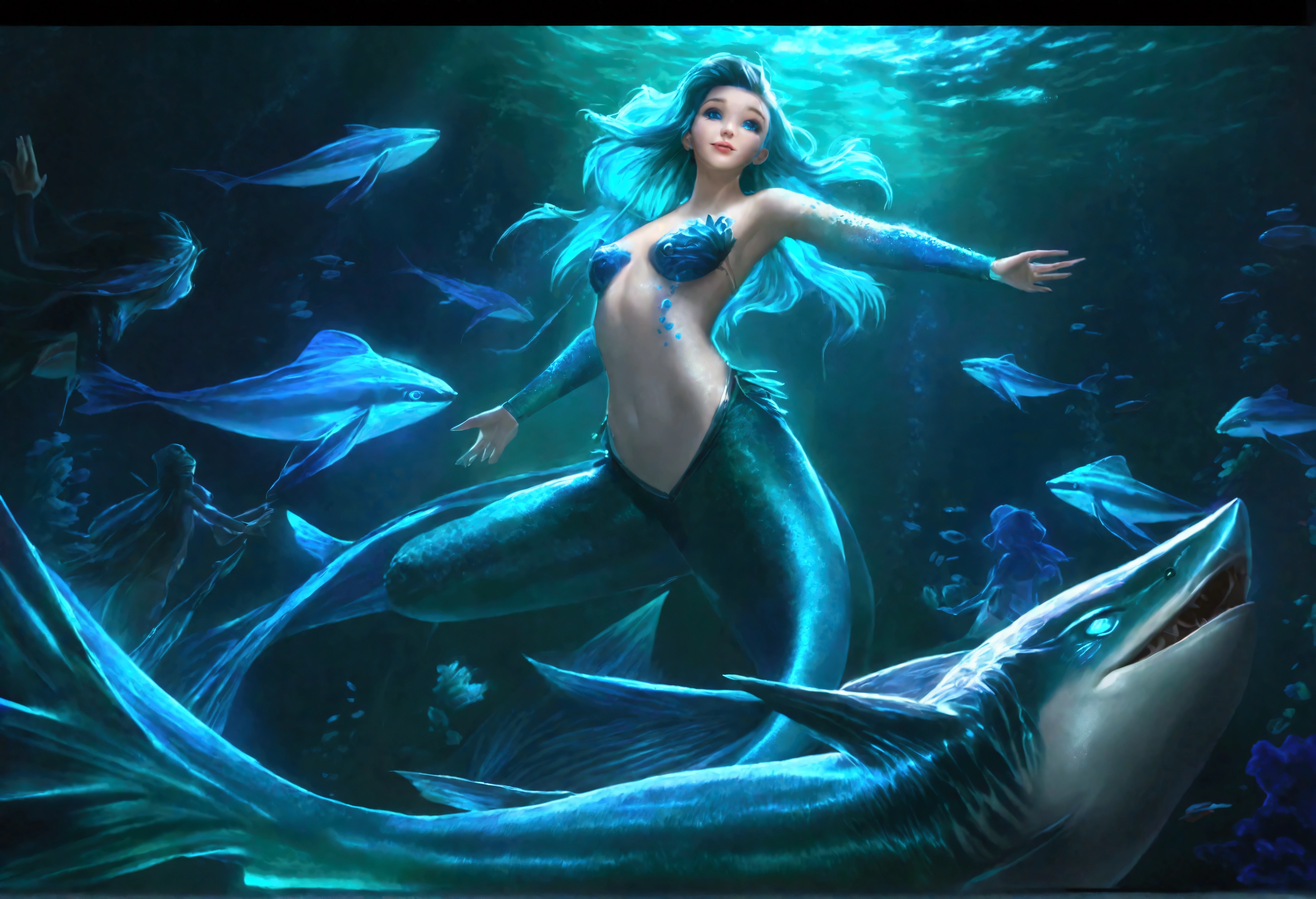 a cute woman mermaid, turquoise hair, pale skin, blue scales, breast covers, dancing with a blue shark, deep in the ocean, glowing creatures, lighting the scene, best quality,4k,8k,highres,masterpiece:1.2,ultra-detailed,realistic,photorealistic,photo-realistic:1.37,fantasy,underwater,ocean,marine life,bioluminescence,colorful,vibrant,cinematic lighting,dramatic