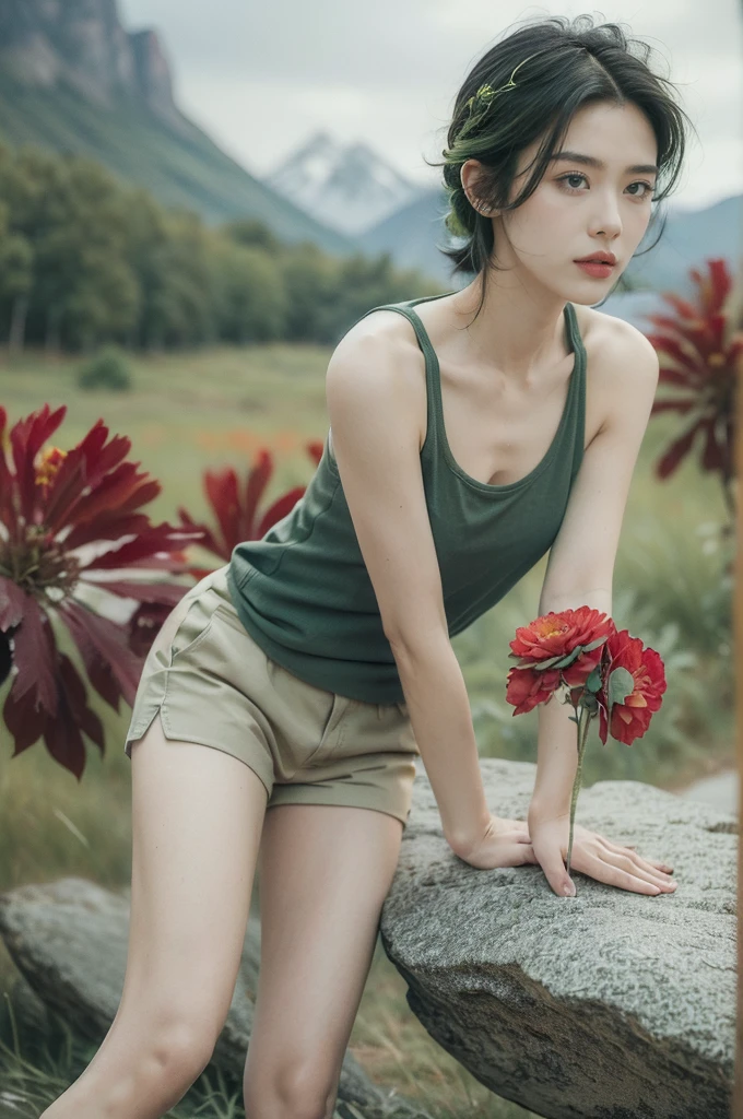 (((best quality))),(((ultra detailed))),(((masterpiece))),illustration,((1 beautiful girl,tomboy,solo)),(short black hair:1.3),((slim,thin)),((small breasts,thin)), vigorous, confident, (light green tank top:1.3), (dark green shorts:1.2),(slender legs:1.2),(standing:1.3),simplicity, robustness, strong features, (Abandoned Gobi Scene:1.3),(Rock surface:1.2),glowing eyes, rebellious, sensible, (mountainous landscape:1.3), (beside a vibrant red flower:1.3),elegance, unyielding spirit, youthful beauty, strength, resilience, adversity, challenges,((from front,upper body))
