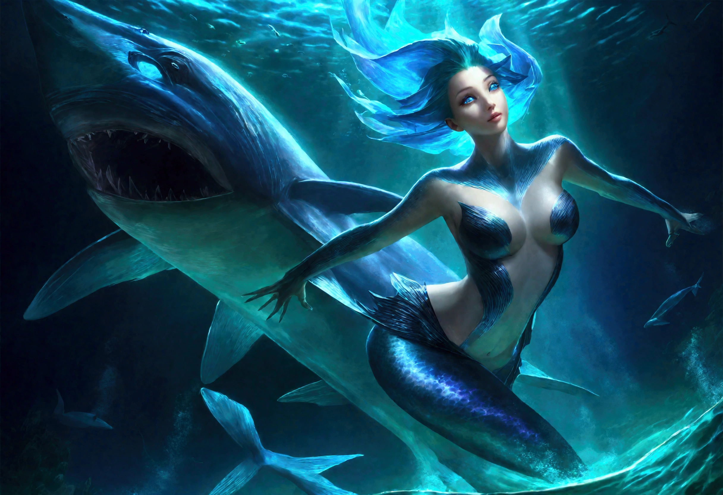 a cute woman mermaid, turquoise hair, pale skin, blue scales, breast covers, dancing with a blue shark, deep in the ocean, glowing creatures, lighting the scene, best quality,4k,8k,highres,masterpiece:1.2,ultra-detailed,realistic,photorealistic,photo-realistic:1.37,fantasy,underwater,ocean,marine life,bioluminescence,colorful,vibrant,cinematic lighting,dramatic