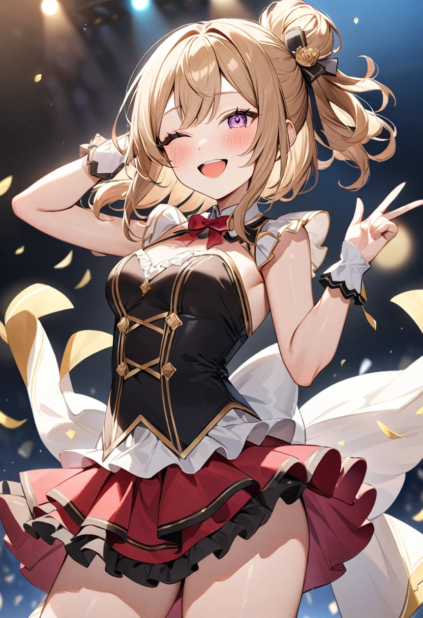 (masterpiece, top quality, very aesthetic, 4k、illustration), intricate detail, 1woman,、solo,contrapposto 、,(cowboy shot)、(),Cute、closed eyes、fan service、arms raised in the air、happy smile、Random Hairstyle、Random Hair Color、,middle hair,sidelock ,Random Color　eyes、idol clothes、small breasts、Slim 、