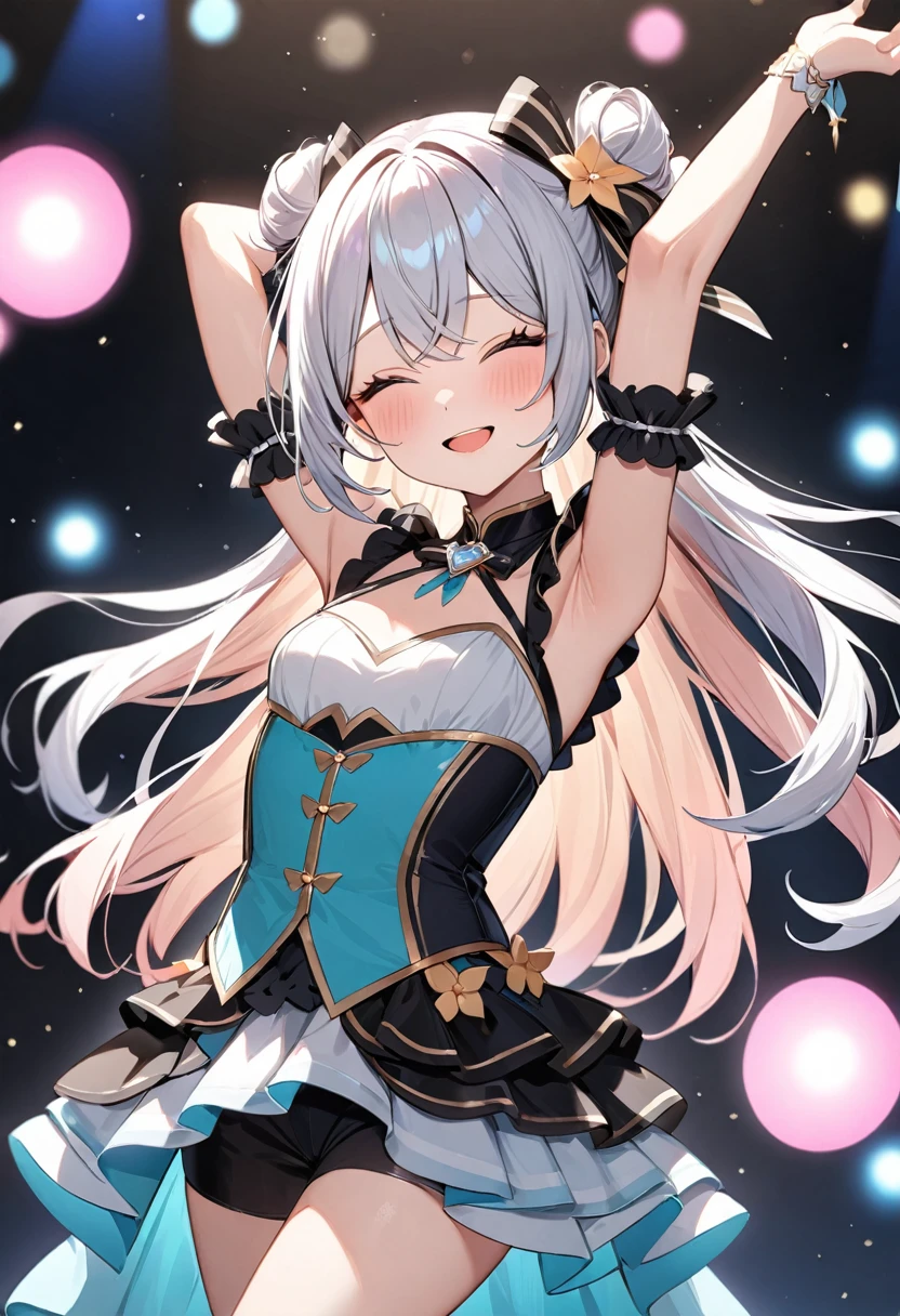 (masterpiece, top quality, very aesthetic, 4k、illustration), intricate detail, 1woman,、solo,contrapposto 、,(cowboy shot)、(),Cute、closed eyes、fan service、arms raised in the air、happy smile、Random Hairstyle、Random Hair Color、,middle hair,sidelock ,Random Color　eyes、idol clothes、small breasts、Slim 、