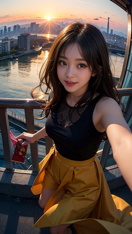 One girl, Korean, Fisheye Lens, Selfie, Wind, Messy Hair, sunset, Cityscape, (Aesthetics and atmosphere:1.2),smile