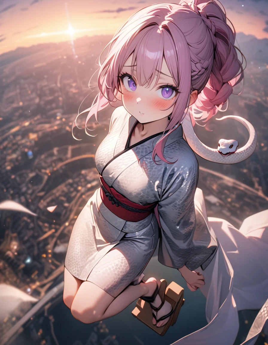 (8K, best quality, master piece: 1.2),super high resolution,1 girl,18yo,((The girl is flying,Astride a white snake)),ultra-detailed face,detailed eyes,braid ponytail,pink hair,lash extension,Purple eyes,uneasy,Blush,python printed silver kimono,hair ornament, zori sandals,red obi,looking at viewer,geta,Dynamic pose,Above the sky,Twilight