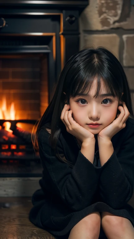 (((10 year old girl))), (((in dark cabin at night))), (((warming herself by fireplace))), Japanese, cute, dark, bobbed hair, (((staring at fireplace with blank expression))), not looking at me, not looking at camera, straight face, not laughing, anxious profile, trainers and very short mini-skirt, sitting in front of fireplace, fireplace fire illuminates girl's face, horror movie scene, high resolution, high detail, fine detail, masterpiece, best quality, award, best resolution, scene of the highest quality, scene of the highest quality Sitting in front of fireplace, fireplace fire illuminates girl's face, horror movie scene, high resolution, high detail, detail, masterpiece, top quality, award, highest resolution, realistic, raw photo, 8K wallpaper