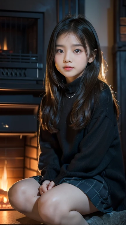 (((10 year old girl))), (((in dark cabin at night))), (((warming herself by fireplace))), Japanese, cute, dark, bobbed hair, (((staring at fireplace with blank expression))), not looking at me, not looking at camera, straight face, not laughing, anxious profile, trainers and very short mini-skirt, sitting in front of fireplace, fireplace fire illuminates girl's face, horror movie scene, high resolution, high detail, fine detail, masterpiece, best quality, award, best resolution, scene of the highest quality, scene of the highest quality Sitting in front of fireplace, fireplace fire illuminates girl's face, horror movie scene, high resolution, high detail, detail, masterpiece, top quality, award, highest resolution, realistic, raw photo, 8K wallpaper