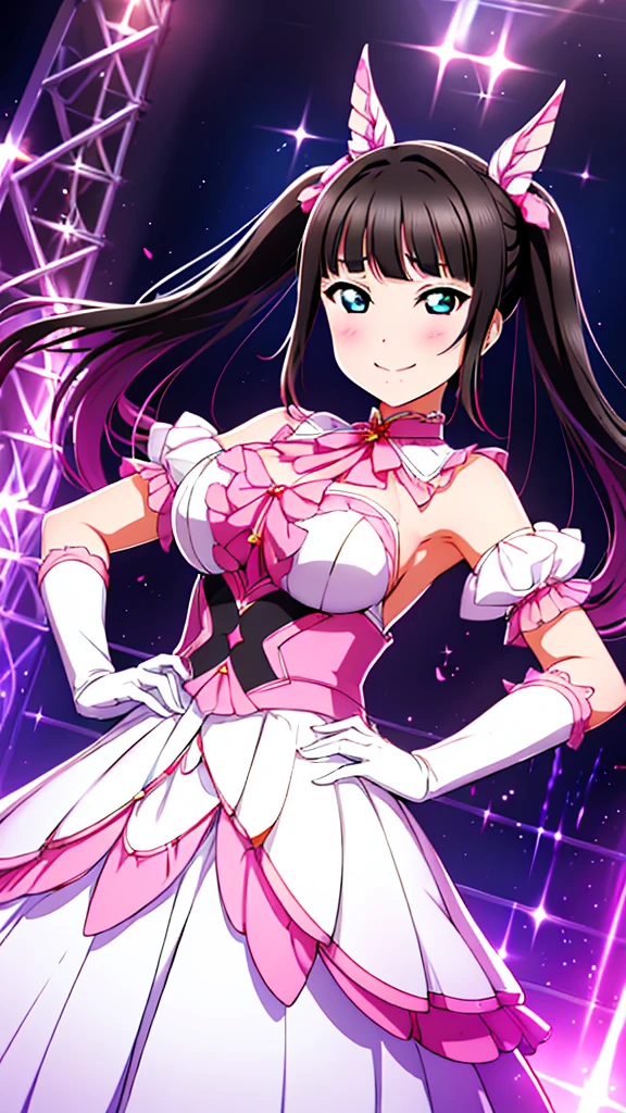 night、lovelive　Kurosawa Diamond、Black Background、Evil background、Hotel Bedroom、Sensual pink light、A shiny white rubber suit that wraps around the body、tall、Upper Body、adult、White Long Gloves、Big Breasts、Black hair twin tail drill　Volumie、Upper Body、Evil female warrior、Fantasy、Condescending smile、Fallen into evil、Fall into Darkness