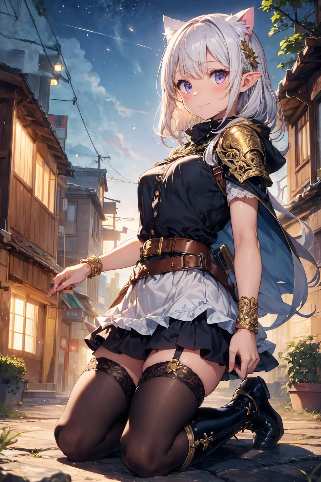 (((masterpiece))), (((Highest quality))), ((Very detailed)), ((Very detailedなイラスト)), ((Ultra-fine painting)), (16K Highest quality wallpaper:1.4), (Detailed and elaborate illustration style,:1.8) Detailed skin texture, High quality fabric, , (T-masterpiece), (Very detailedな顔:1.4), original, RAW Photos, Professional, Intricate details, Very detailed, Direct sunlight:1.6, ,(Cowboy Shot:1.9)、(Perfect Anatomy:1.4), (Extremely elaborate hands:1.2), (Very elaborate fingers:1.2), (Very elaborate fingers先:1.2),, (alone:1.6), (beautiful and adorable cat ears:1.6), (Intricate and delicate white cat ears:1.5), (beautiful, Shiny white hair:1.6), (Very fine and delicate white hair:1.4),, (Very detailedな顔:1.4),(Light purple eyes:1.6),(smile:1.4),(wariza:1.9),//Character
1girl,
BREAK
//Fashions
Enchanted Elven Knight
This costume combines the grace of an elf with the power of a knight, centered around a large, enchanted sword, The base is a sleek, forest green bodysuit with gold leaf embroidery along the seams, symbolizing her connection to nature, Over the bodysuit, a leather harness crisscrosses the torso, holding the scabbard for her large sword, The sword itself is massive, with a glowing blade inscribed with ancient elven runes, Her armor includes light, golden shoulder pauldrons and bracers, with intricate vine patterns, A flowing, semi-translucent cape with a hood, in shades of green and gold, billows behind her, adding ethereal touch, She wears knee-high, lace-up boots with gold accents,
BREAK
Accessories include a delicate, leaf-shaped tiara, and a belt with pouches for herbs and small vials, Her hair can be styled in loose waves with small braids woven with golden threads, Makeup focuses on a natural, glowing look with shimme