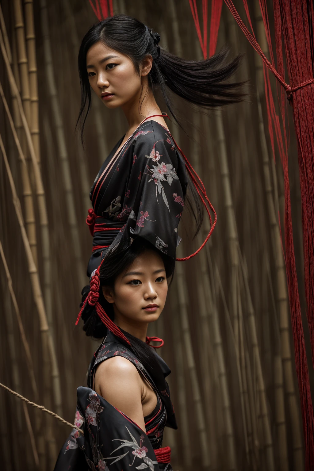 (masterpiece:1.2),(Best image quality,4K,8k,High resolution),Super Detail,(Realistic,Realistic,Realistic:1.37),Ninja girl captured by the enemy, Delicate brushwork, Elaborate kimono, Sharp Eye, Delicate facial features, Flowing black hair, Hidden weapons, Bamboo forest background, Tied up with rough rope, Kneel, costume Half torn, Dark and mysterious atmosphere, Graceful Movement, Delicate lighting, moving composition, Half torn. Tied up with rough rope背景, costume Half torn, Dark Mysterious Atmosphere, Graceful Movement, Delicate lighting, moving composition, Vibrant colors, traditional Japanese painting style, Harmonious tone, Red and Black