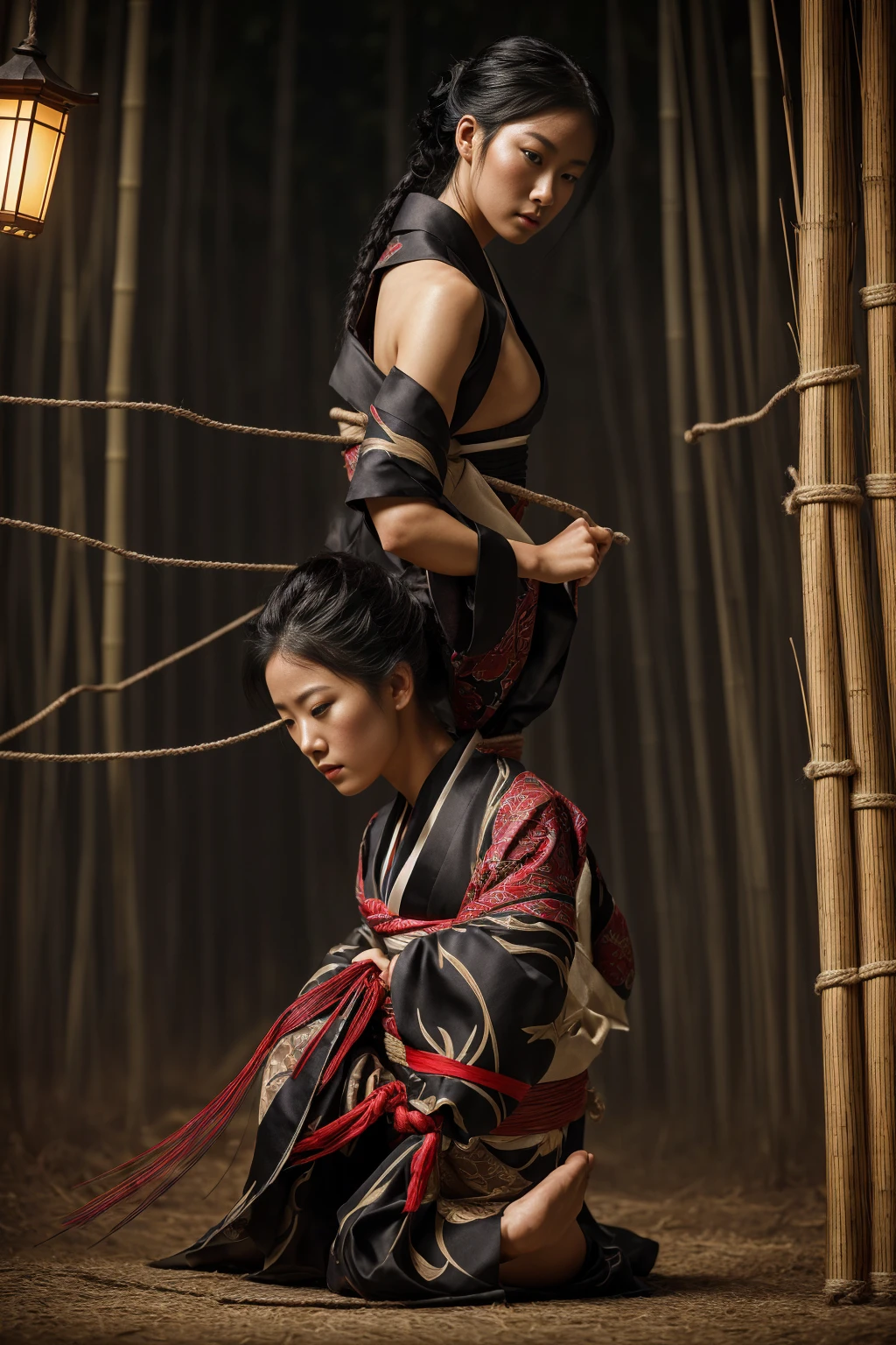 (masterpiece:1.2),(Best image quality,4K,8k,High resolution),Super Detail,(Realistic,Realistic,Realistic:1.37),Ninja girl captured by the enemy, Delicate brushwork, Elaborate kimono, Sharp Eye, Delicate facial features, Flowing black hair, Hidden weapons, Bamboo forest background, Tied up with rough rope, Kneel, costume Half torn, Dark and mysterious atmosphere, Graceful Movement, Delicate lighting, moving composition, Half torn. Tied up with rough rope背景, costume Half torn, Dark Mysterious Atmosphere, Graceful Movement, Delicate lighting, moving composition, Vibrant colors, traditional Japanese painting style, Harmonious tone, Red and Black