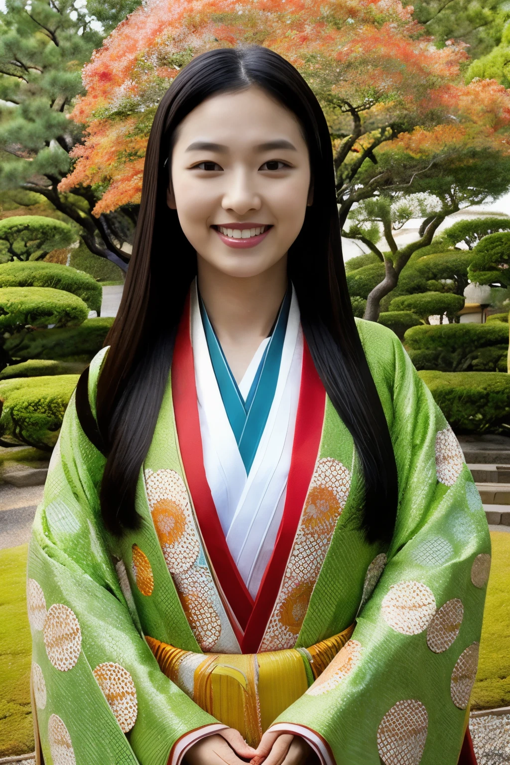 Front view , ((Full-body, standing on garden), a Japanese ancient girl, looking at viewer, beautiful Japanese Young General, girl is 18 years old, (Highly detailed face, Black hair ,Brown eye, Variegated eyes, Fuller lips, little Lips, little smile), (middle ???????, middle hip),(Japanese kimono ), sunrise ,(masterpiece, Highest quality, masterpiece, God-like quality, Godly art,Very realistic)