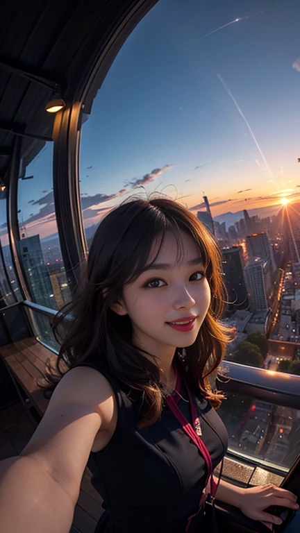One girl, Korean, Fisheye Lens, Selfie, Wind, Messy Hair, sunset, Cityscape, (Aesthetics and atmosphere:1.2),smile